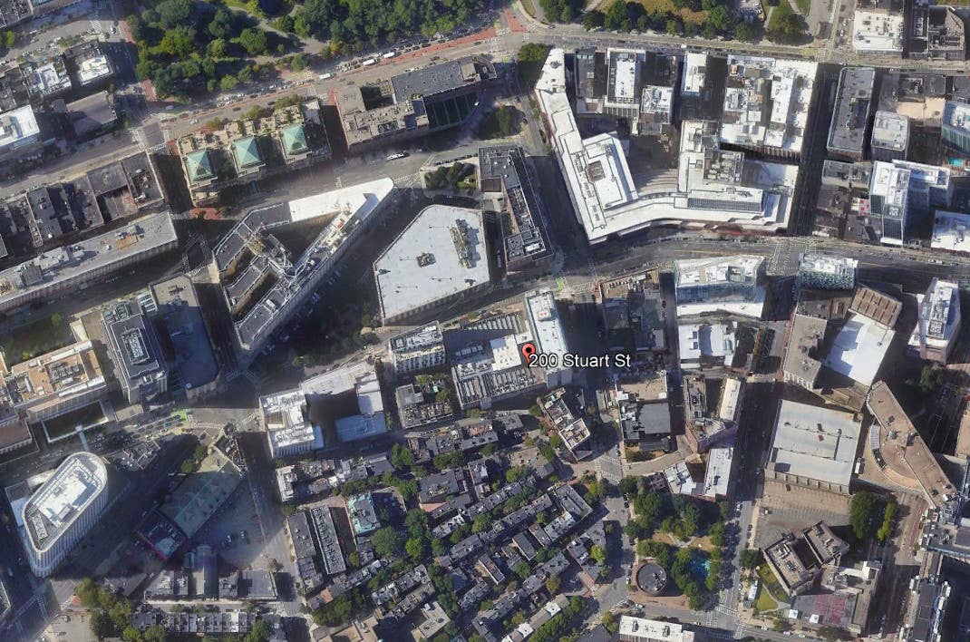 A satellite image centered on the Revere Hotel in Boston, which is located at 200 Stuart Street. <em>Google Earth</em>