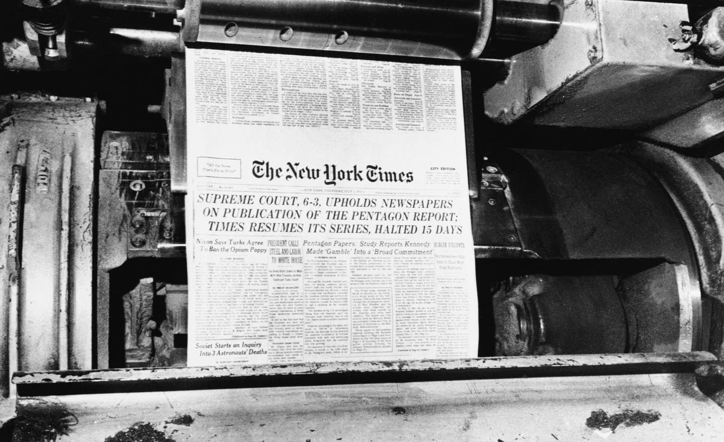 The New York Times resumed publication of its series of articles based on the secret Pentagon papers in its July 1, 1971 edition, after it was given the green light by the U.S. Supreme Court. (AP Photo/Jim Wells)
