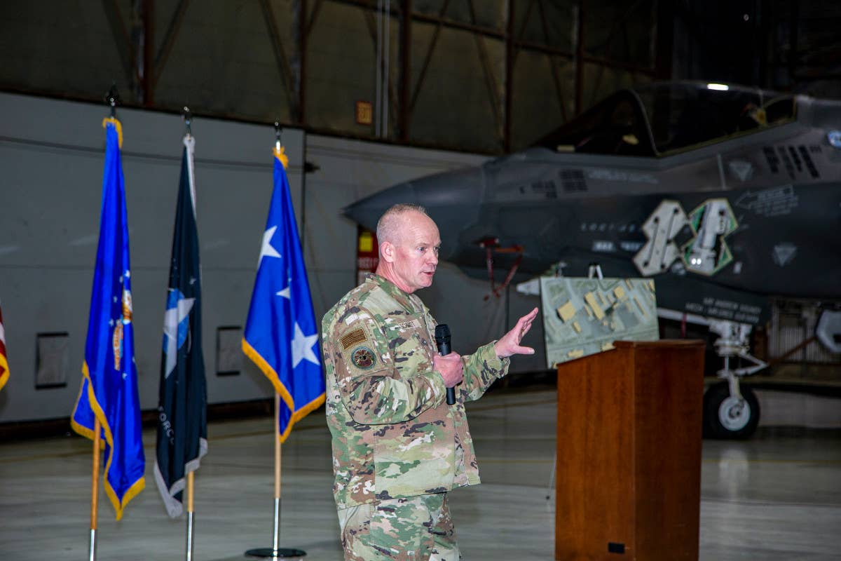 U.S. Air Force Lt. Gen. Schmidt, head of the F-35 JPO, visits the F-35 Integrated Test Force (ITF) at Edwards Air Force Base in California on 22 March 2023. <em>Lockheed Martin/Darin Russell</em>