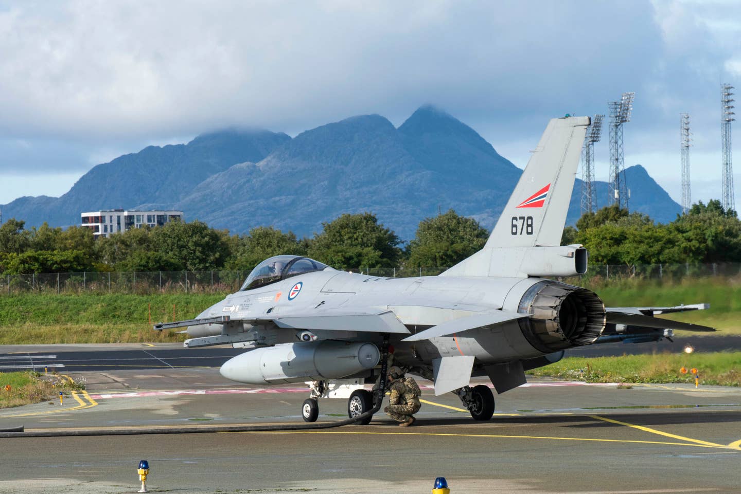 A Royal Norwegian Air Force F-16AM is refueled during a training exercise at Rygge Air Station, Norway, in August 2020, before the type was withdrawn from Norwegian service. <em>U.S. Air Force photo by Staff Sgt. Michael Washburn<br></em>