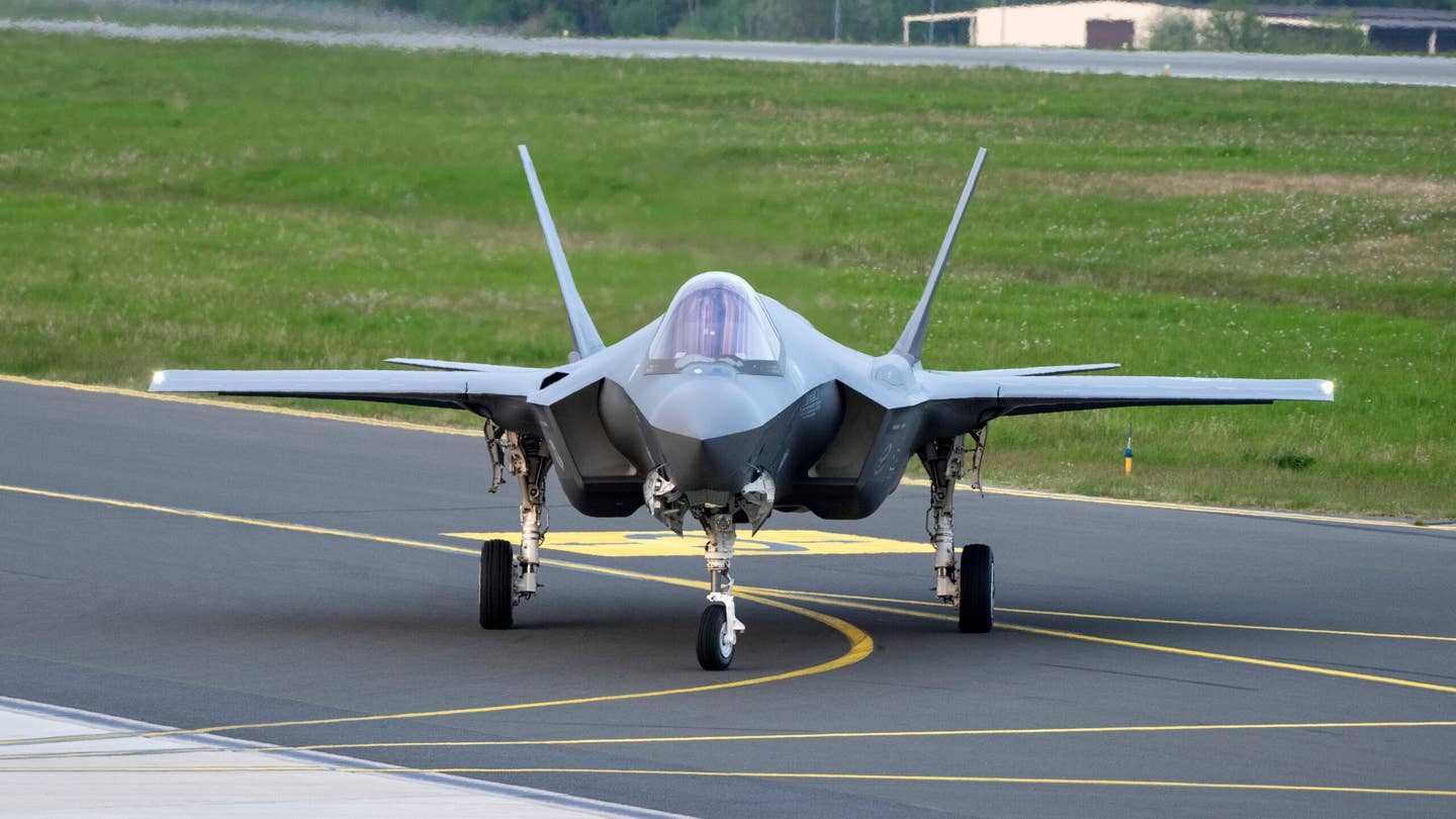A U.S. Air Force F-35A assigned to the Vermont Air National Guard’s 158th Fighter Wing, arrives at Spangdahlem Air Base, Germany, in May 2022. <em>U.S. Air Force photo by Tech. Sgt. Anthony Plyler</em>