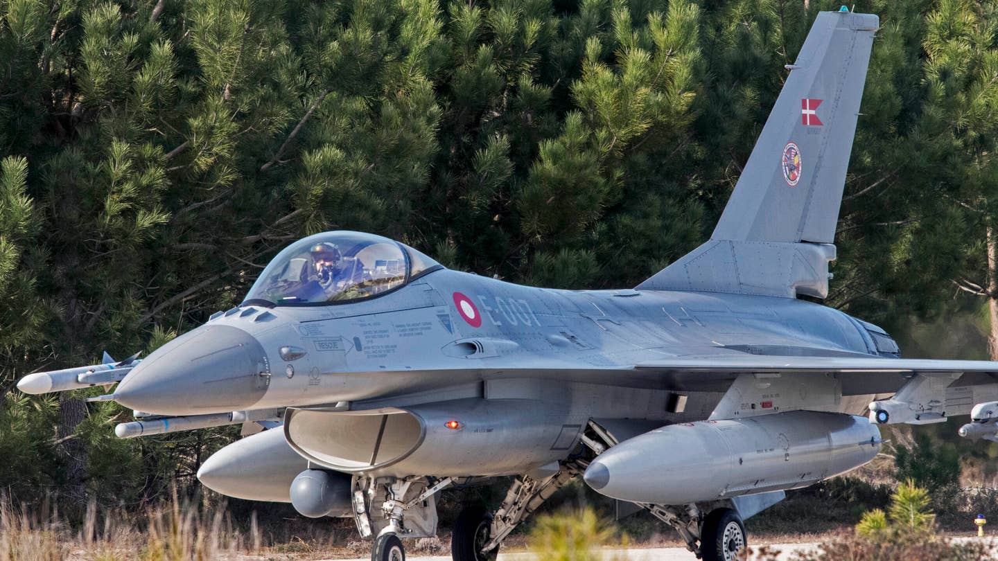 A Royal Danish Air Force F-16AM while taxiing to take off at Monte Real Air Base in Portugal during the Real Thaw 2018 exercise. <em>Photo by Horacio Villalobos — Corbis/Corbis via Getty Images</em>