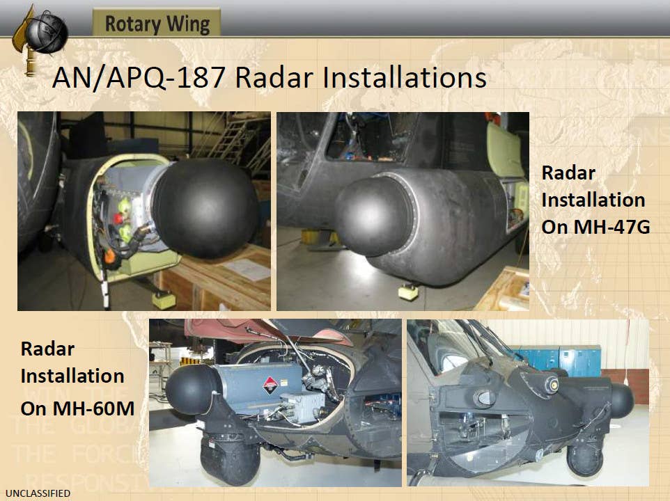 A U.S. Special Operations Command (SOCOM) briefing slide showing Silent Knight Radars installed on Army MH-60M Black Hawk and MH-47G Chinook helicopters. <em>SOCOM</em>