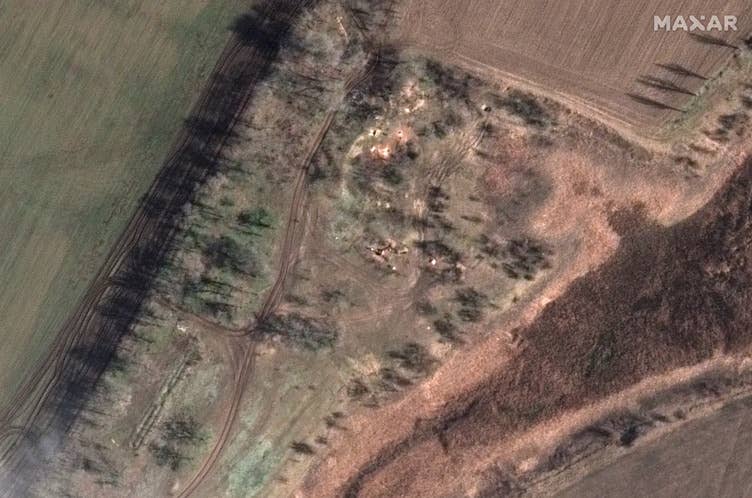 Russian artillery positions were set up in Zaporizhzhia Oblast. Satellite image ©2023 Maxar Technologies.