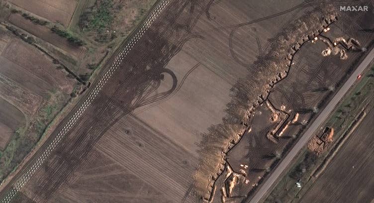 A satellite image from commercial provider Maxar showing Russian fortified lines in Ukraine's Zaporizhzhia region. <em>Satellite image ©2023 Maxar Technologies</em>
