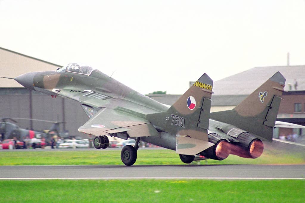 A Czechoslovak Air Force MiG-29A during an airshow appearance in the United Kingdom in July 1991. <em>Anthony Noble/Wikimedia Commons</em>