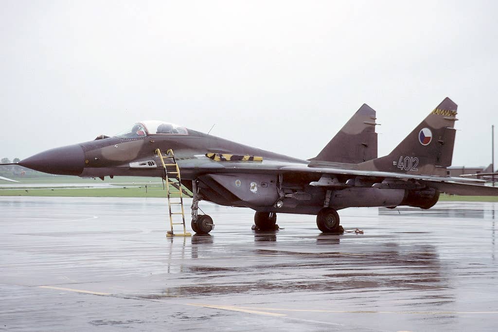 Another MiG-29A, this time in service with the newly independent Czech Republic and seen at Yeovilton in the United Kingdom during celebrations for the 50th anniversary of D-Day, in June 1994. This aircraft was later operated by the Polish Air Force. <em>Mike Freer/Wikimedia Commons</em>