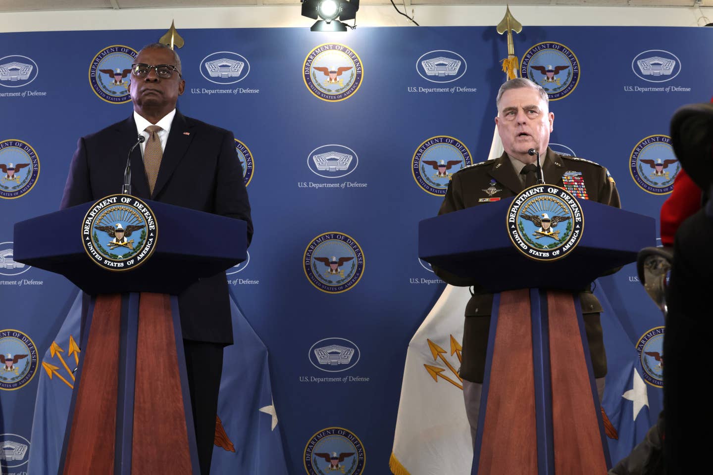 Defense Secretary Lloyd Austin (L) and Chairman of the Joint Chiefs of Staff Army Gen. Mark Milley are headed to Germany next week for the 11th meeting of the Ukraine Defense Contact Group. (Photo by Alex Wong/Getty Images)