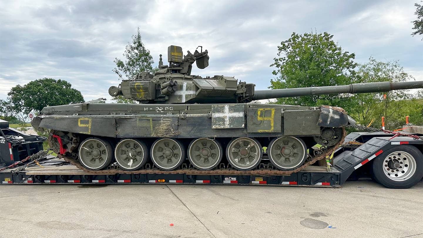 A Russian T-90A tank was left at a Lousiana truck stop after a truck hauling it broke down.