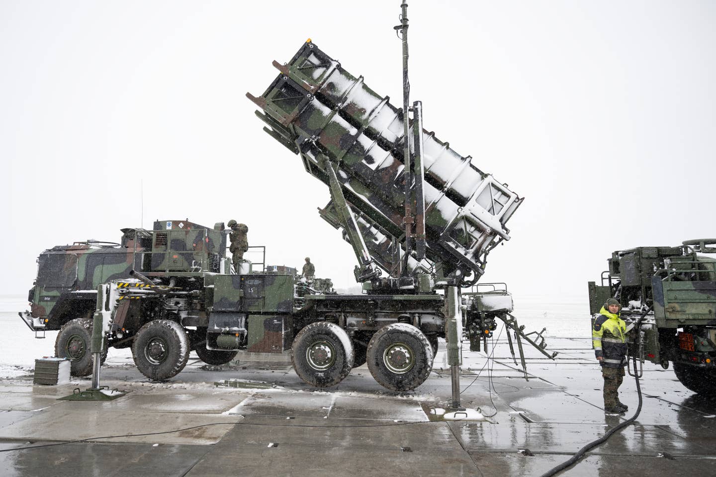 A launch vehicle from a German Patriot battery, deployed to Miaczyn, Poland, in April 2023. <em>Photo by Sebastian Kahnert/picture alliance via Getty Images</em>
