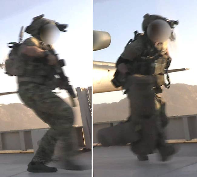 At left, a SEAL seen with a system sporting multiple antennas on their back. At right, one carrying a pair of bags after exiting the helicopter on the roof of the mock consulate. <em>USMC capture</em>