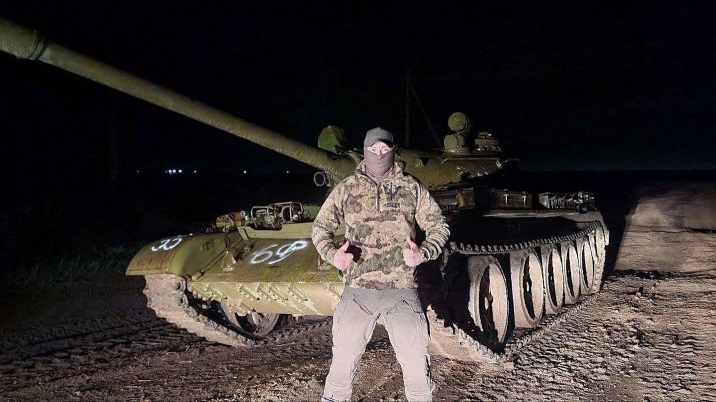 One of the first images purportedly showing a Russian T-54/55 tank in Ukraine. <em>via Telegram/HealerTacMed</em>