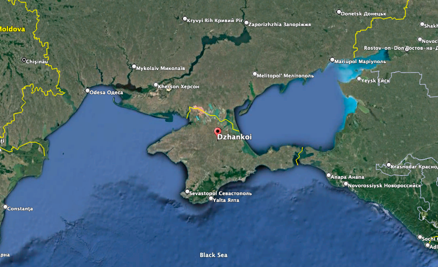 The northernmost portions of Crimea, the border of which is marked in yellow, is about 50 miles from the nearest Ukrainian troops. (Google Earth image)
