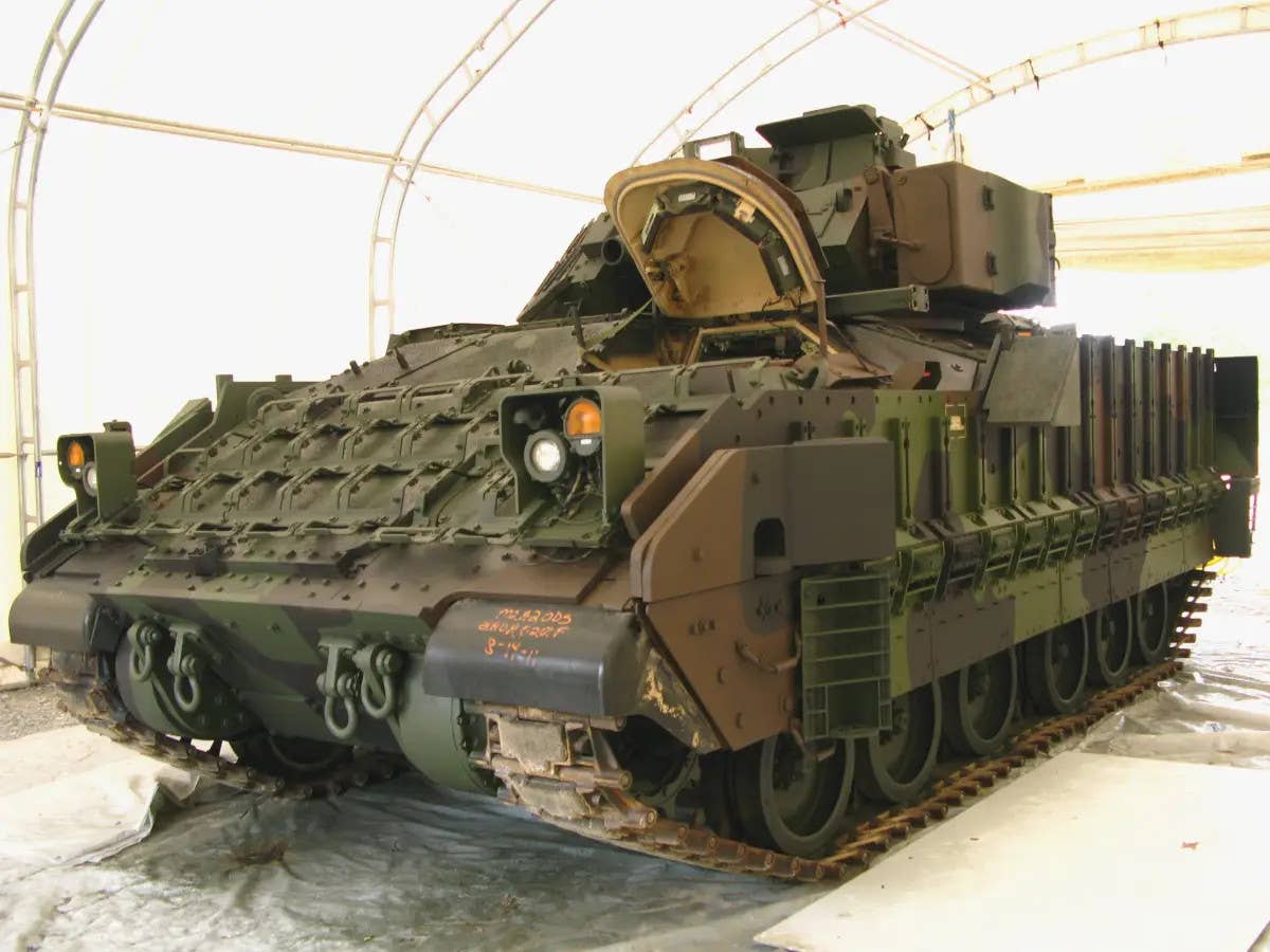 A picture of a newly-painted U.S. Army Bradley Infantry Fighting Vehicle with the barrel to its M242 main gun noticeably absent. <em>U.S. Army</em>