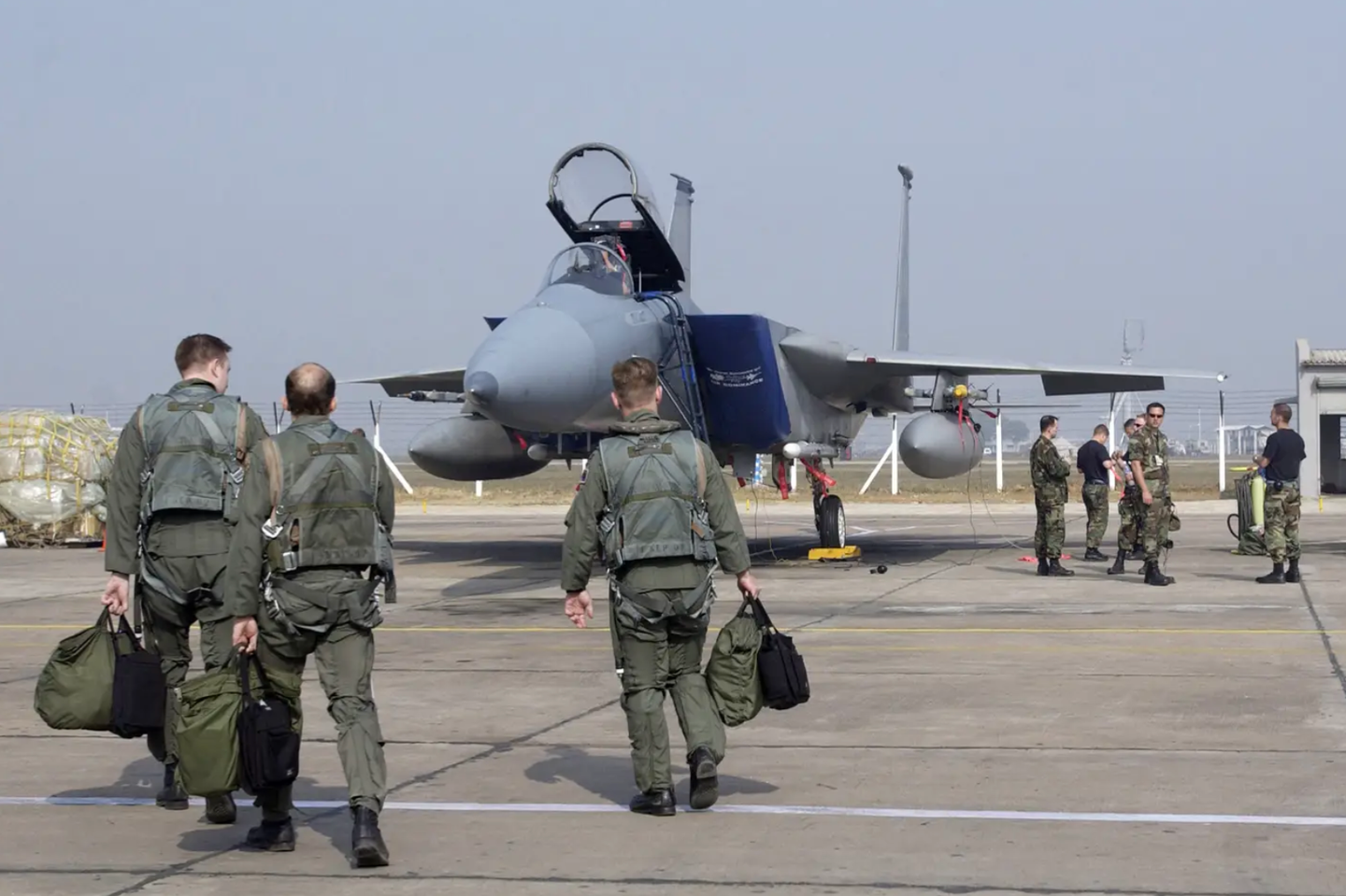 U.S. Air Force F-15 pilots prepare to fly sorties with the Indian Air Force at Gwalior Air Force Station, India, during an earlier Cope India exercise.&nbsp;<em>National Archives</em>