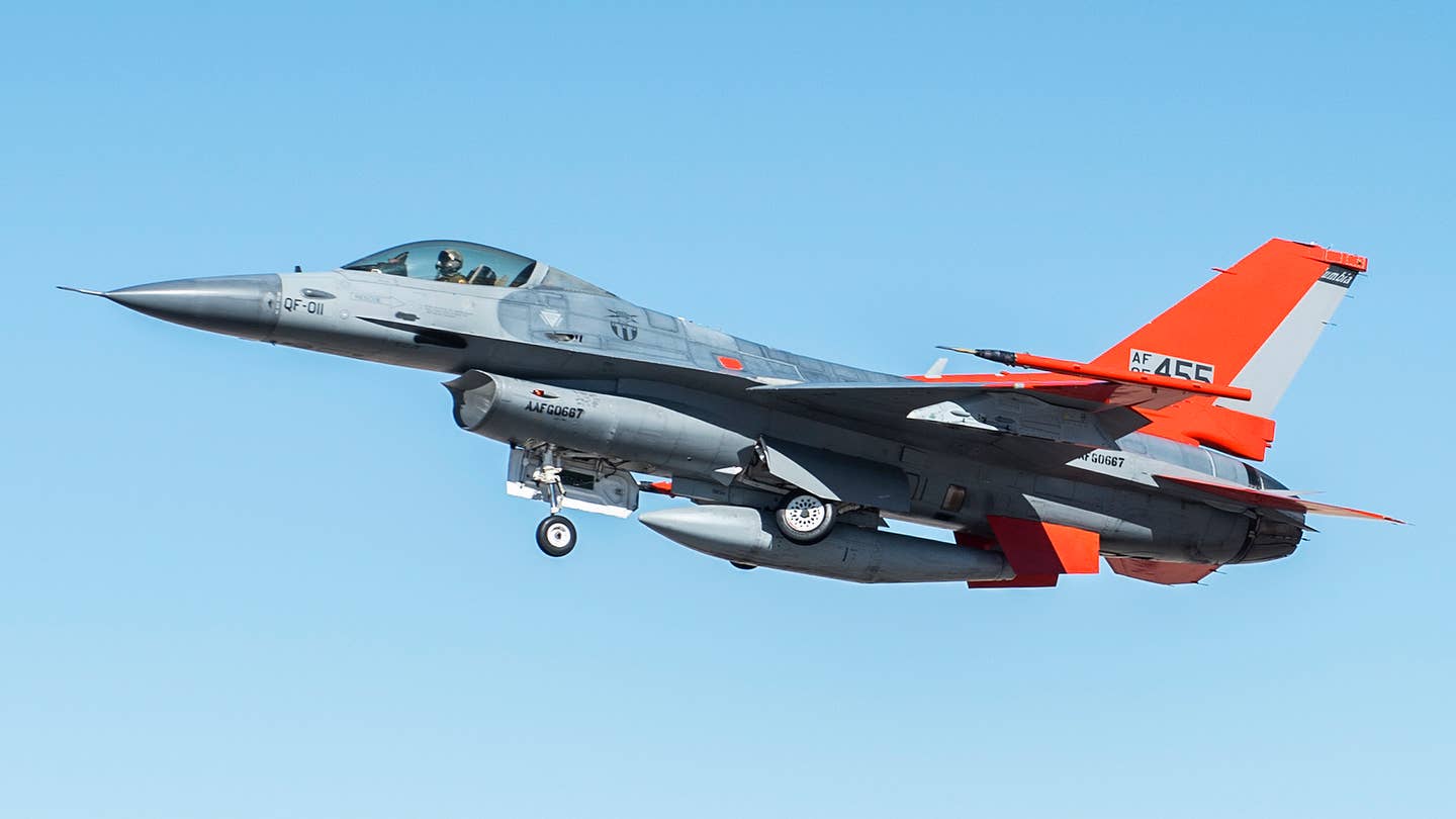 A QF-16 target drone, in this case with a pilot at the controls. <em>USAF</em>