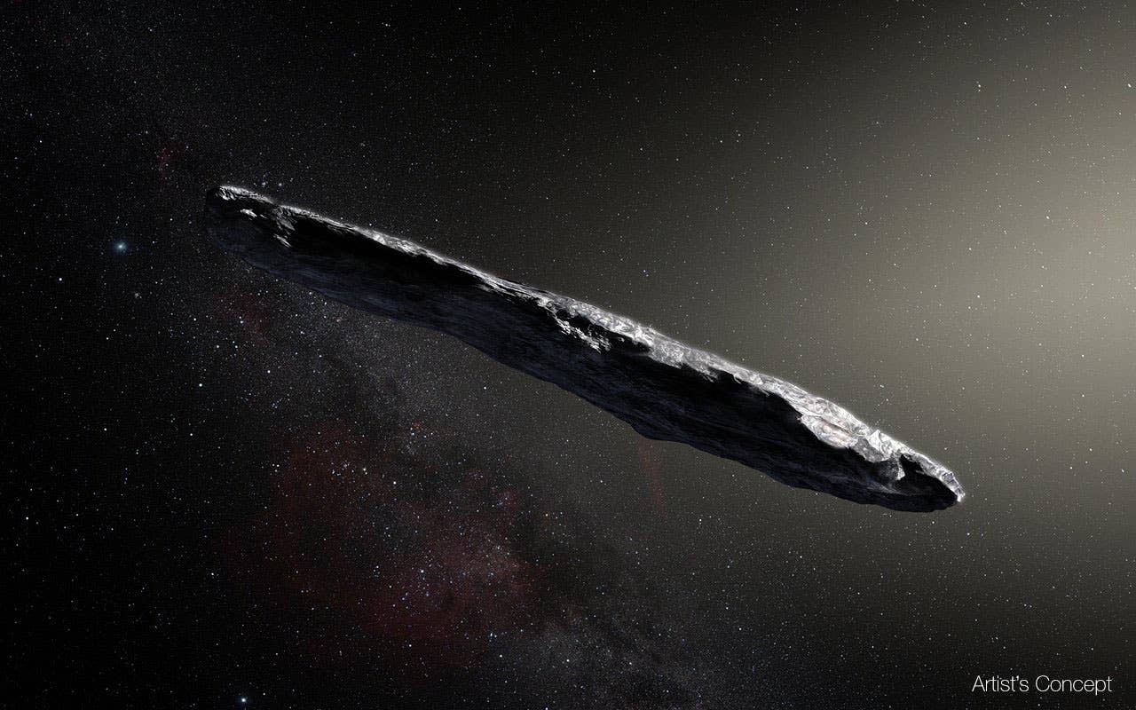 Artist's concept of interstellar object1I/2017 U1 ('Oumuamua) as it passed through the solar system after its discovery in October 2017. (Image Credit: European Southern Observatory / M. Kornmesser)