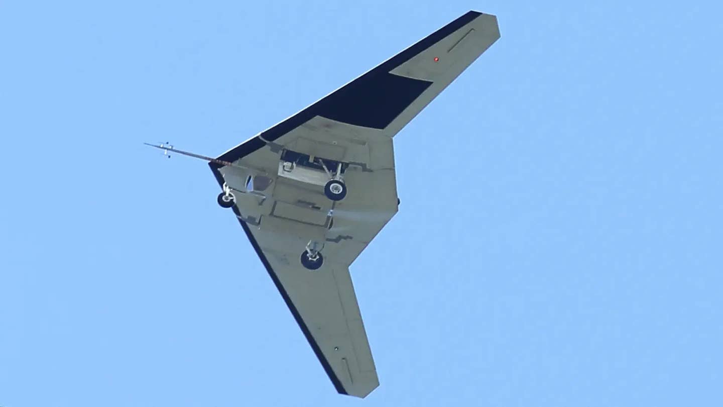 An RQ-170 Sentinel in a test configuration seen flying out of Vandenberg Air Force Base in California in 2017.&nbsp;<em>Matthew C. Hartman</em>