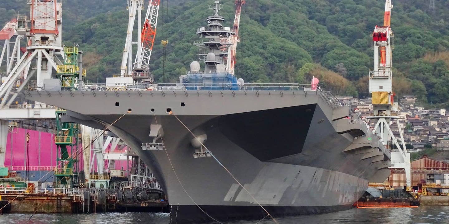JS Kaga pictured at at a dock in Kure City, Hiroshima Prefecture, on April 20