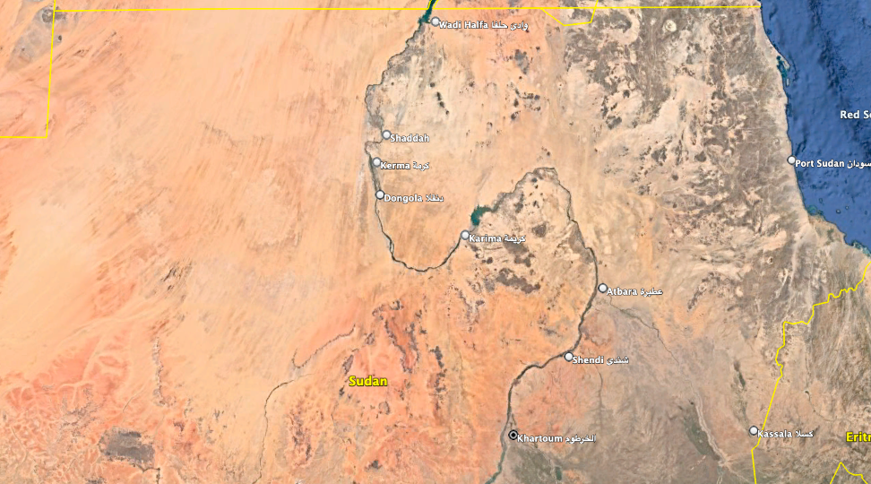 The route from Khartoum to Port Sudan is about 415 miles. (Google Earth image)