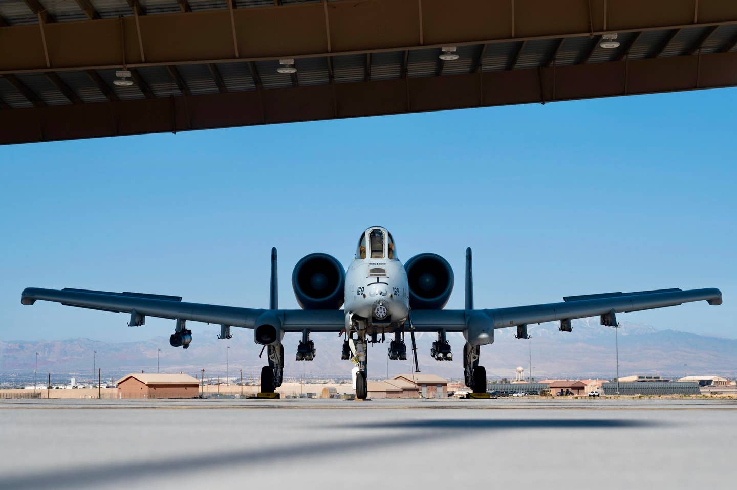 An A-10 Thunderbolt II, assigned to the 422nd Test and Evaluation Squadron waits to taxi out for a test mission, at Nellis Air Force Base, Nevada, April 20, 2023. <em>U.S. Air Force photo by William R. Lewis</em>