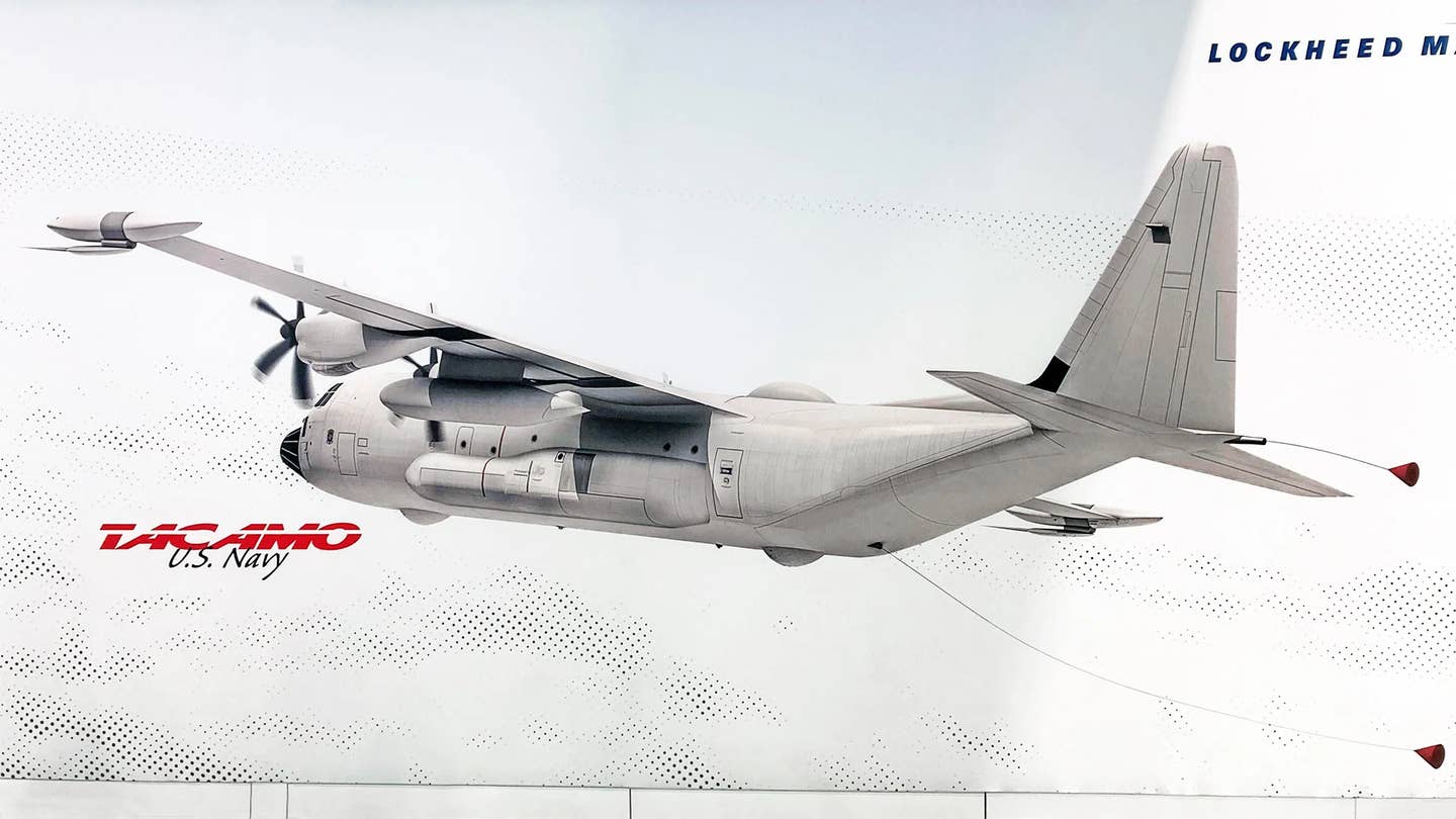 A rendering of what the Navy's future C-130J-30-based TACAMO aircraft might look like. <em>Howard Altman</em>