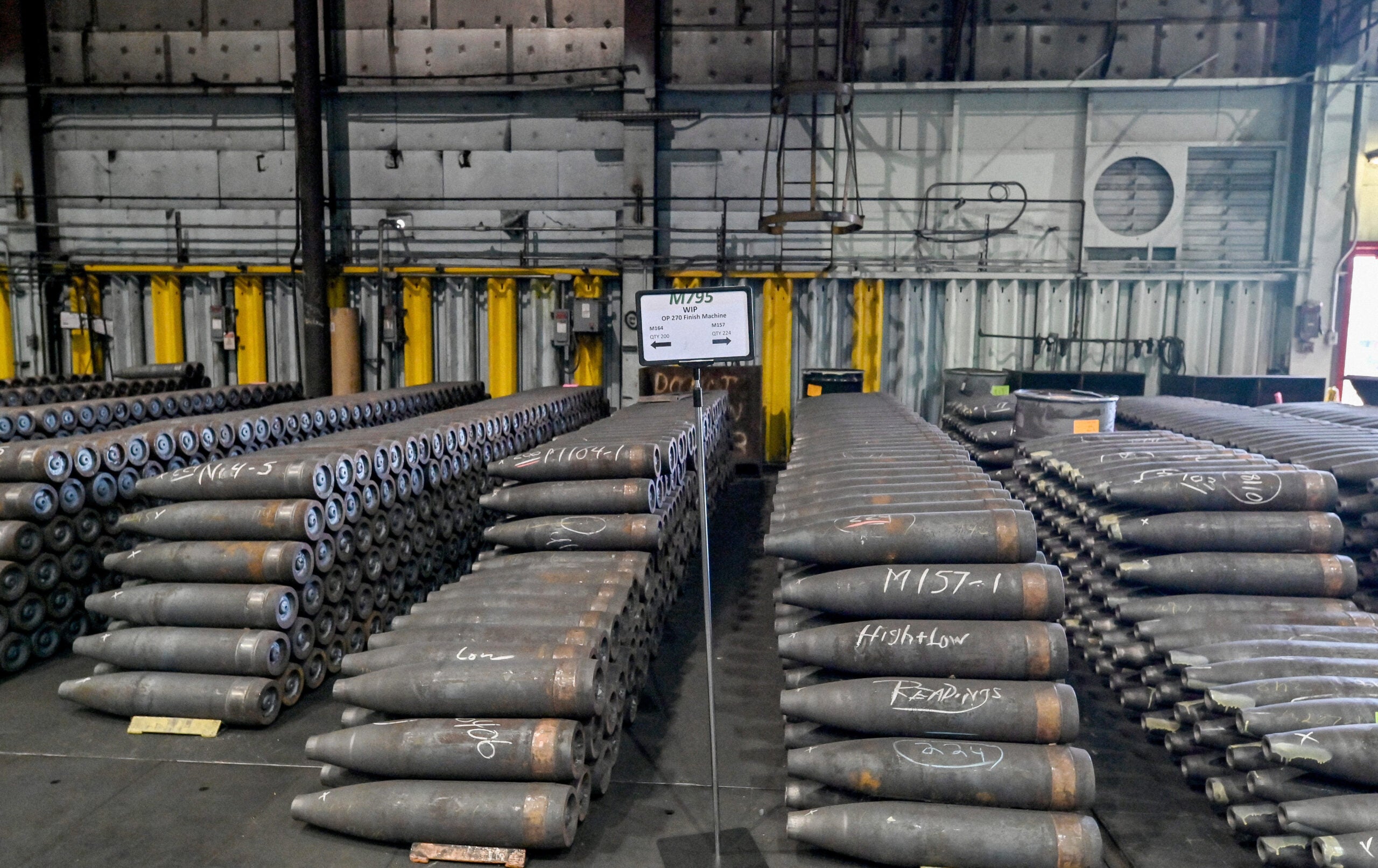 SCRANTON, PENNSYLVANIA, UNITED STATES - 2023/04/12: Rows of incomplete shells wait for the next step in production. The Scranton Army Ammunition Plant held a media day to show what they make. The plant makes a 155mm artillery shell. (Photo by Aimee Dilger/SOPA Images/LightRocket via Getty Images)