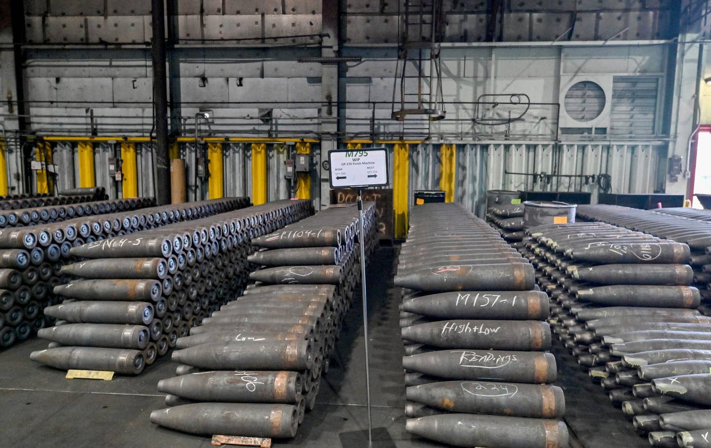 Rows of incomplete shells wait for the next step in production. The Scranton Army Ammunition Plant held a media day to show what they make. The plant makes a 155mm artillery shell. (Photo by Aimee Dilger/SOPA Images/LightRocket via Getty Images)