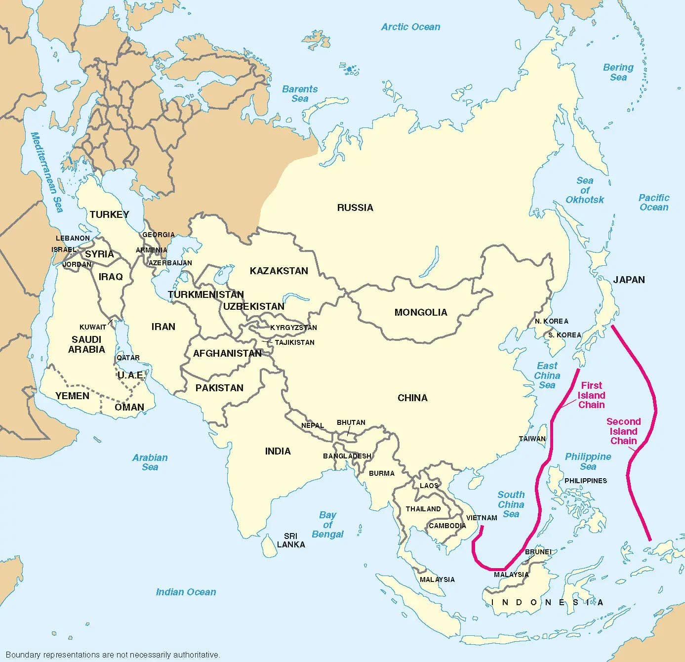 A map giving a general look at the First and Second Island Chain boundaries in the Western Pacific. <em>DOD</em>