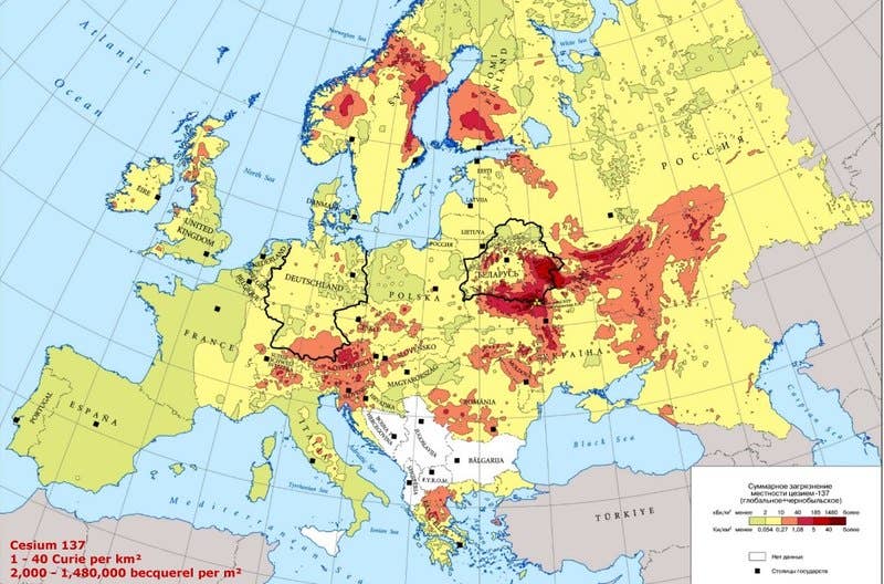 There was a widespread release of radioactive cesium in the wake of the April 26, 1986 explosion at the Chornobyl Nuclear Power Plant. (RealChernobyl map)