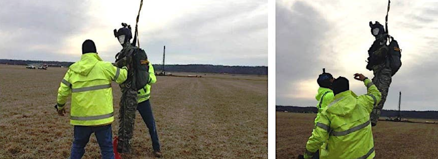 Screen captures MTSI released from a video taken from its demonstration of a Rapid Aerial Extraction System prototype, involving a dummy, in February 2019.&nbsp;<em>MTSI</em>