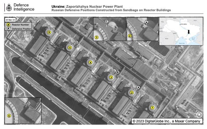 Russian positions on the roofs of several buildings of the Zaporizhzhia Nuclear Power Plant seen in March 2023. (U.K. Defense Ministry photo)