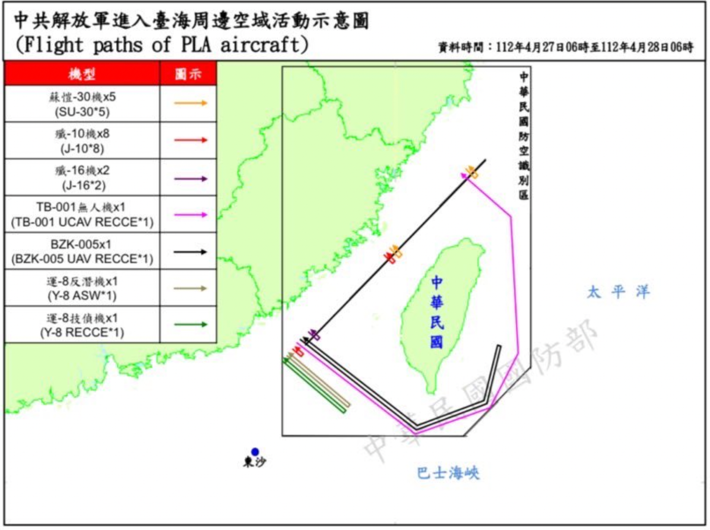 The flight paths of the different PLA aircraft that the Taiwanese Ministry of National Defense says crossed the median line of the Taiwan Strait or entered its southwest, southeast, and northeast Air Defense Identification Zones between April 27–28. <em>Taiwanese Ministry of National Defense</em>