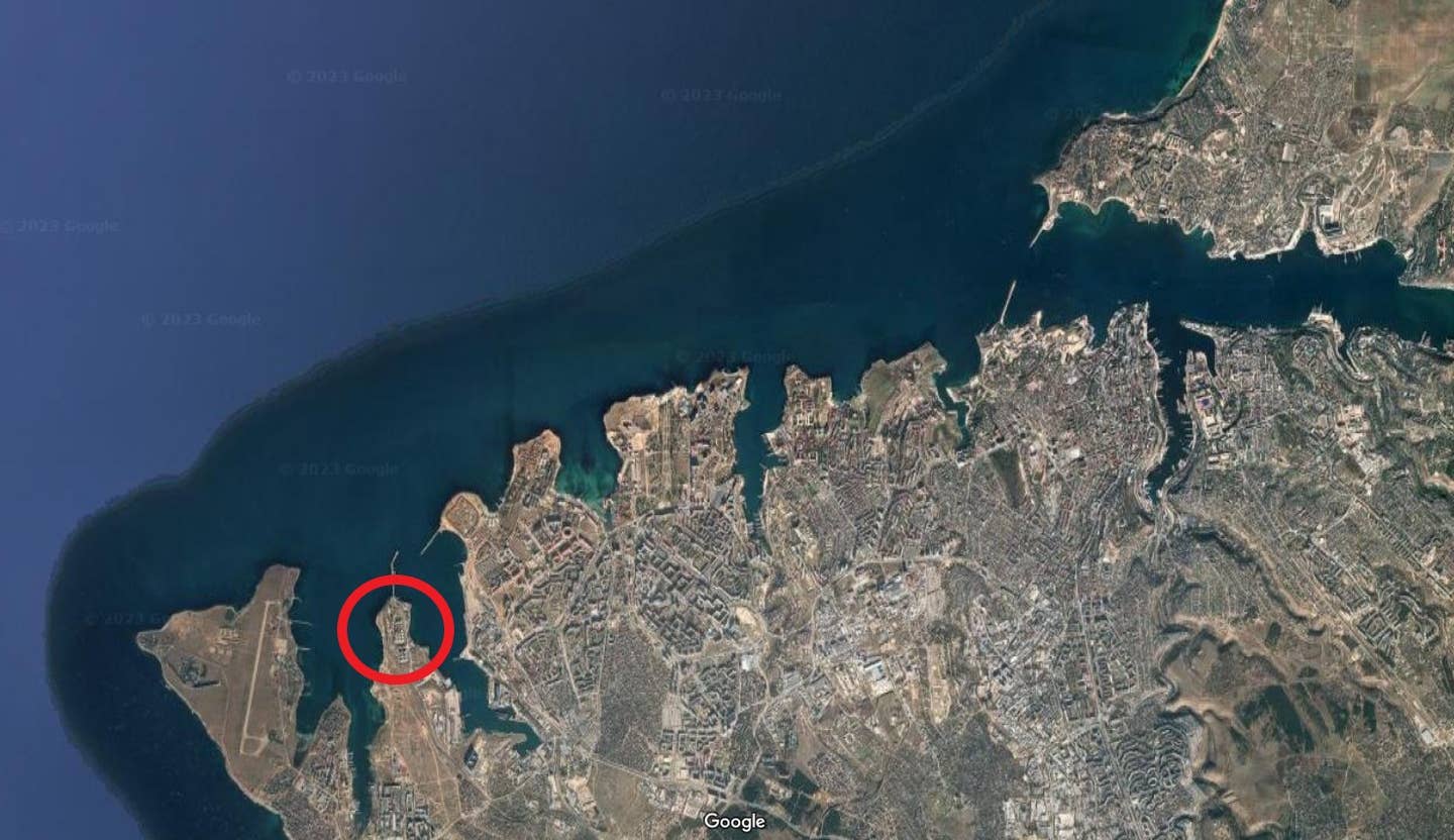 The targeted fuel depot (circled in red) with Sevastopol and the Black Sea Fleet's base to the east. <em>Google Maps</em>.