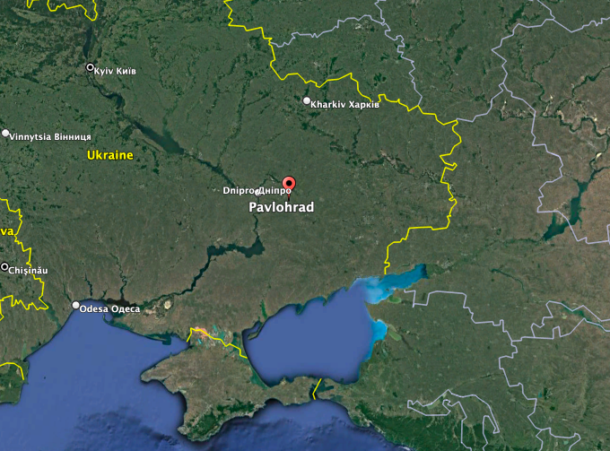 A map showing Pavlohrad's general location in eastern Ukraine. <em>Google Earth</em>