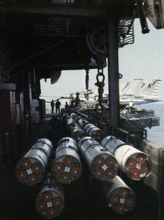 Four-round LAU-10 launchers for Zuni rockets aboard the aircraft carrier USS <em>Midway</em>, circa 1975. <em>U.S. Navy</em>