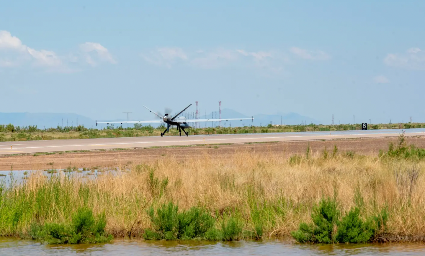 An MQ-9 Reaper prepares to take off from Holloman Air Force Base, New Mexico, using the Automatic Takeoff and Landing Capability.&nbsp;<em>USAF/A1C Jessica Sanchez</em>