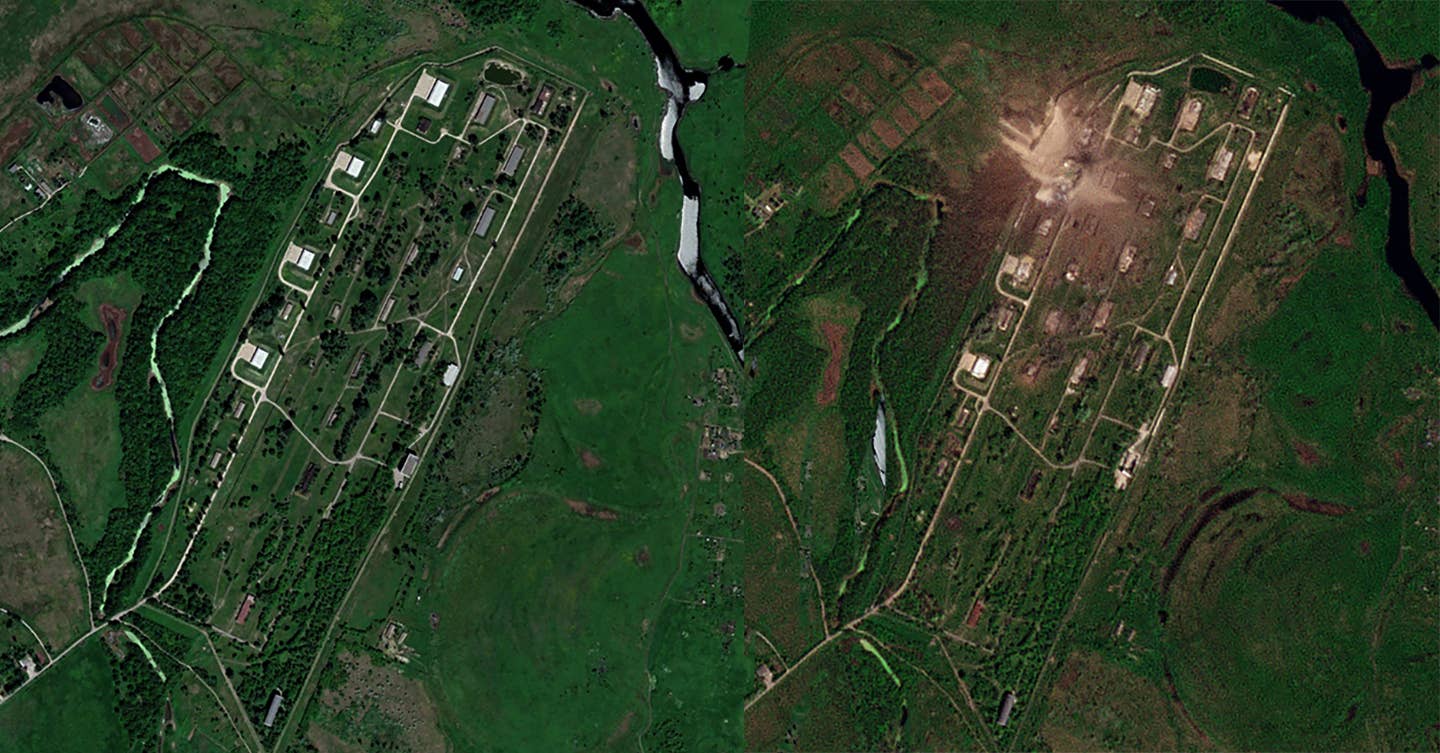 The Planet Labs image of the storage facility in Pavlohrad, taken on May 3, days after the blast, at right, alongside a shot of the site as it looked in 2021 from Google Earth, at left. <em>PHOTO © 2023 PLANET LABS INC. ALL RIGHTS RESERVED. REPRINTED BY PERMISSION / Google Earth</em>