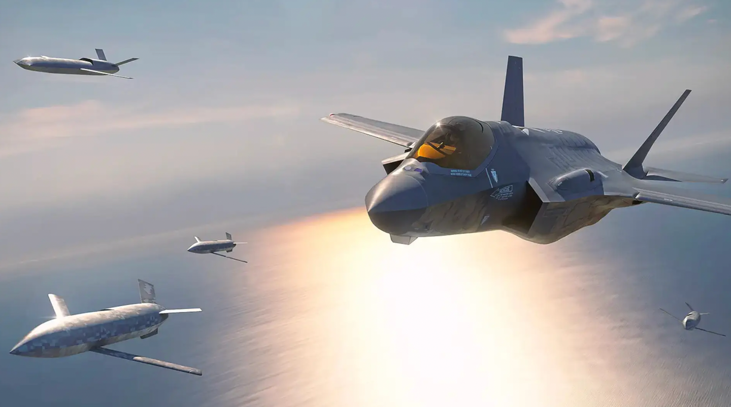Artwork depicting an F-35 Joint Strike Fighter flying together with multiple types of drones.&nbsp;<em>Lockheed Martin</em>&nbsp;<em>Lockheed Martin Skunk Works</em>