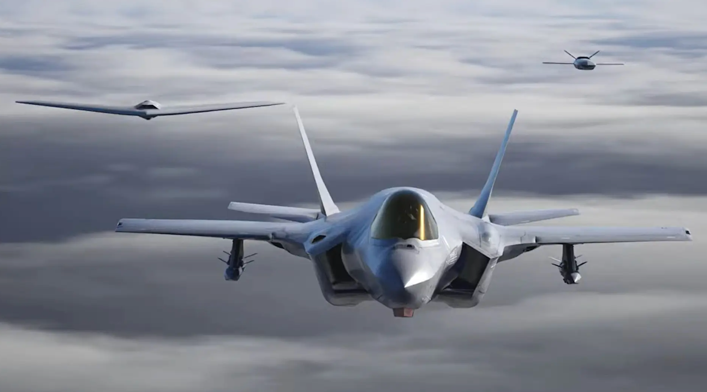 A capture from a Lockheed Martin presentation showing an F-35 Joint Strike Fighter operating alongside advanced drones. <em>Lockheed Martin</em>