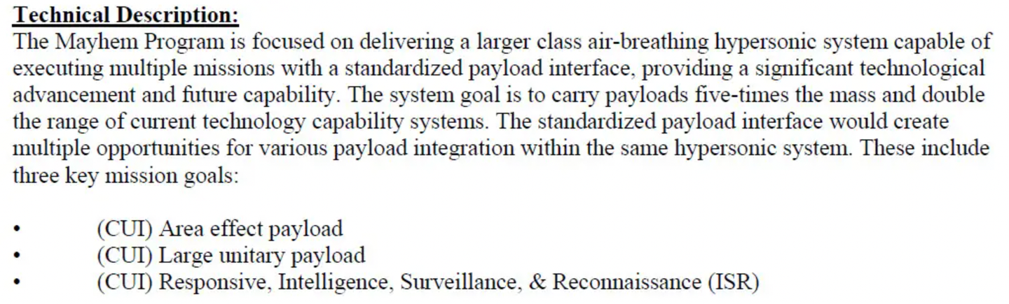 The technical description of the Mayhem program provided in a contracting document released by the Air Force Research Laboratory in December 2021. <em>U.S. Air Force</em>
