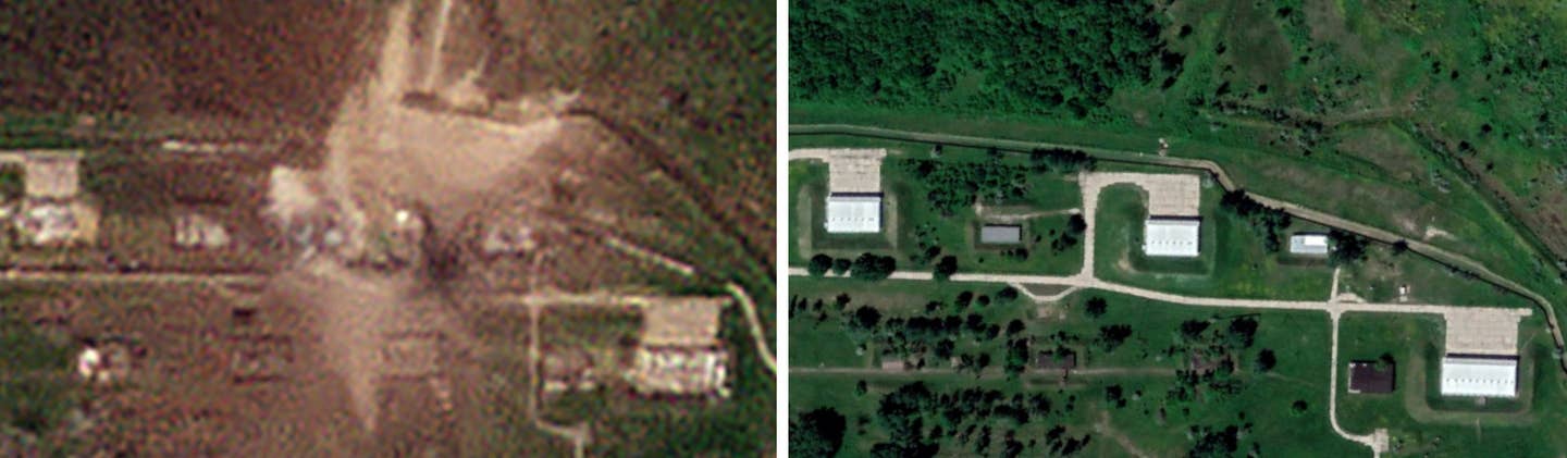 A side-by-side comparison of the Planet Labs image taken on and the 2021 image from Google Earth of what appears to have been the structure at the center f the recent blast in Pavlohrad. The earthen berms around the build, as well as others nearby, are clearly visible in the earlier Google Earth shot. <em>PHOTO © 2023 PLANET LABS INC. ALL RIGHTS RESERVED. REPRINTED BY PERMISSION / Google Earth</em>
