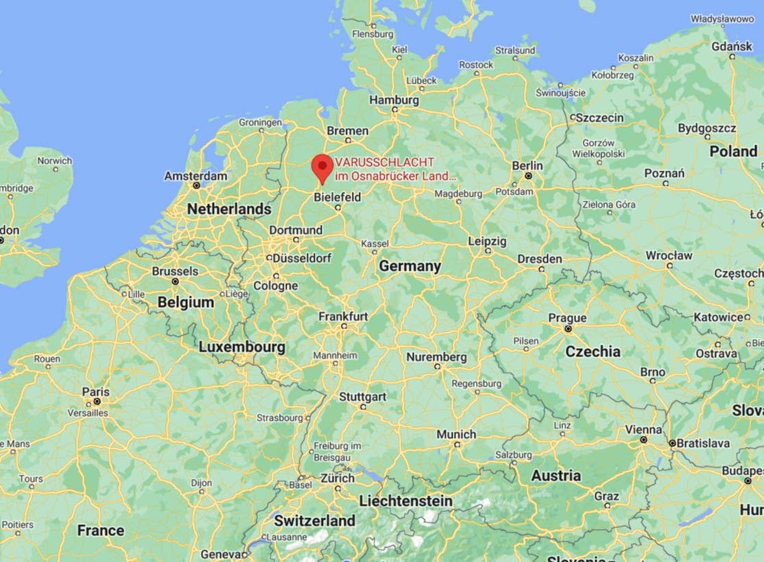 Map depicting Kalkriese, the modern-day location of the Battle of the&nbsp;Teutoburg&nbsp;Forest. <em>Google Maps</em>