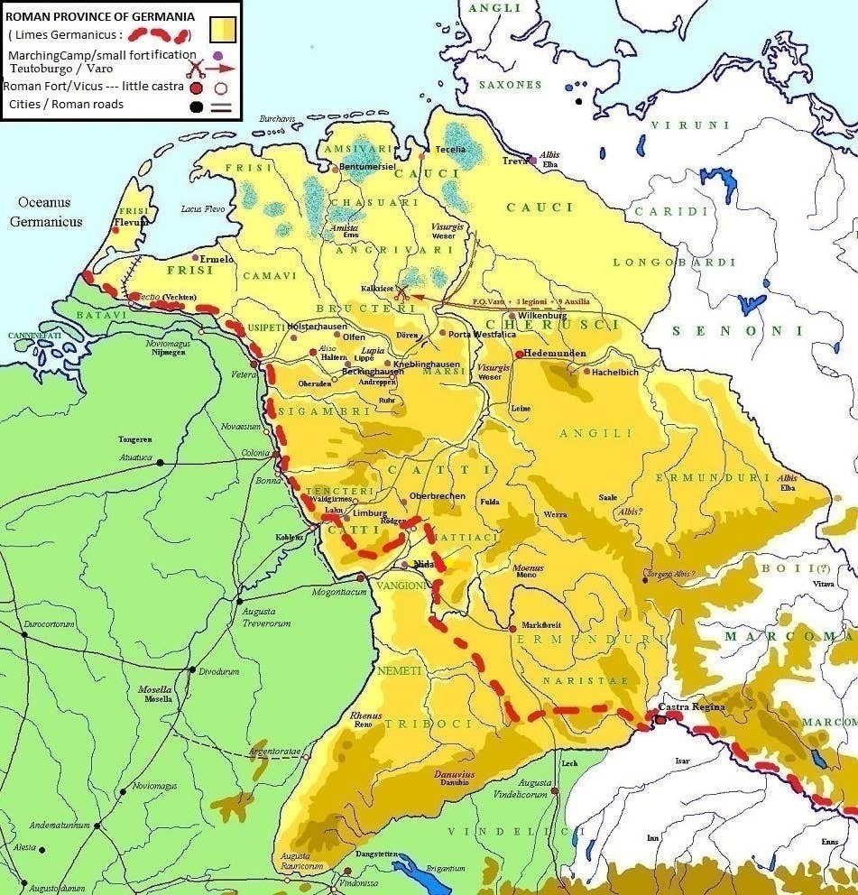 Map of the Roman province of Germania from 7 BC to 9 AD. <em>ReMaps&nbsp;via Wikimedia Commons</em>