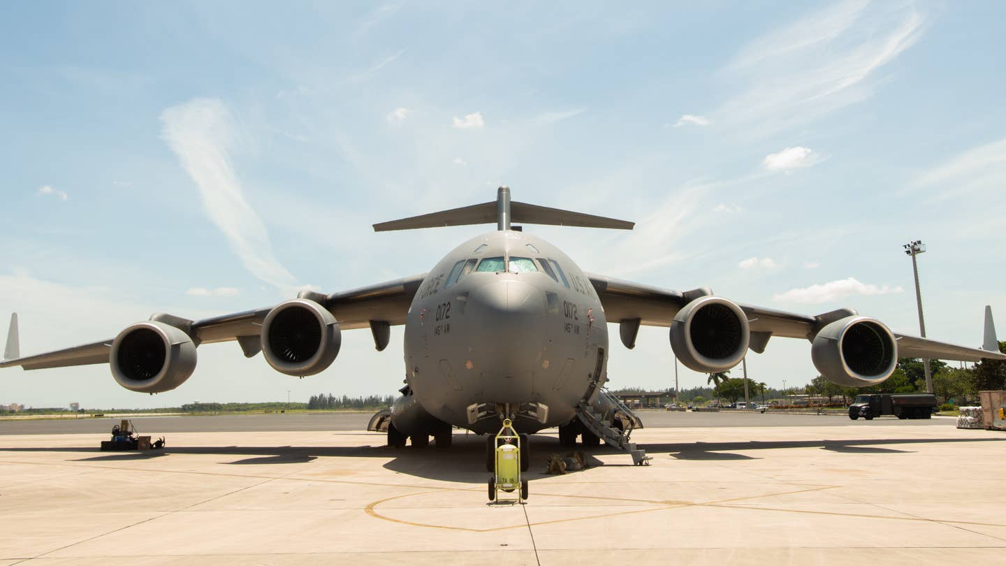 A C-17A belonging to the North Carolina Air National Guard's 145th Airlift Wing at Homestead Air Reserve Base in Florida for Exercise Hoodoo Sea. <em>Air National Guard</em>