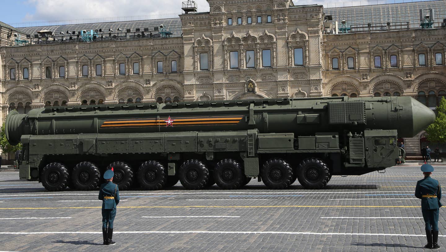 One of three RS-24 Yars intercontinental ballistic missile launchers (NATO reporting name SS-29) is driven through Red Square during the Victory Day parade on May 9, 2023. <em>Photo by Contributor/Getty Images</em>