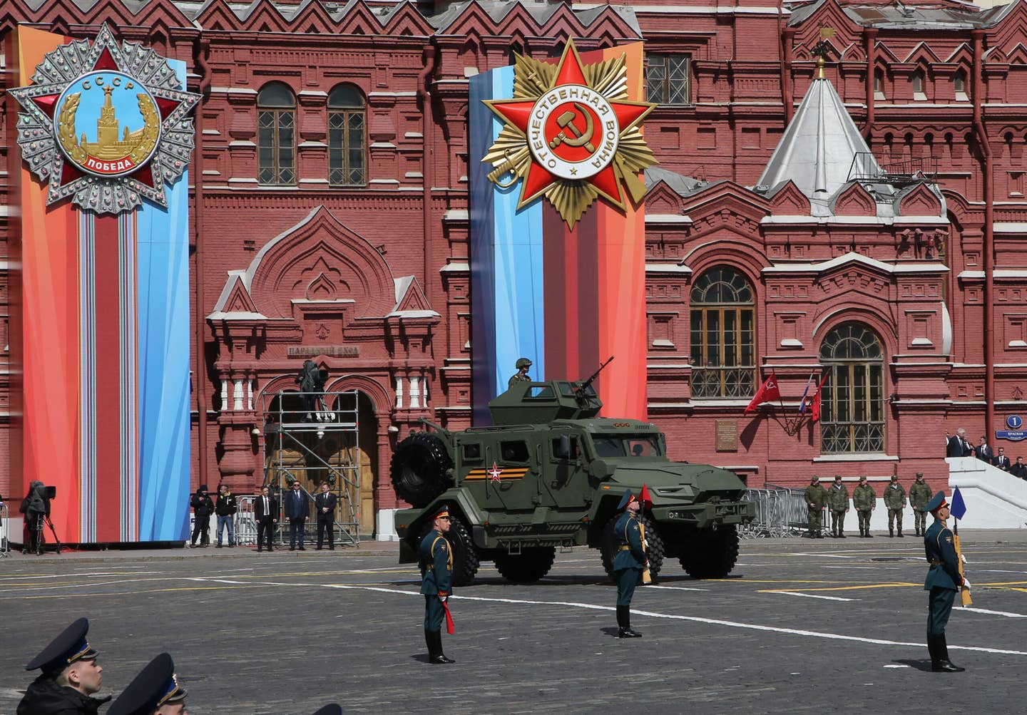 A Tigr 4×4 multipurpose all-terrain vehicles vehicle rolls through Red Square on May 9, 2023. <em>Photo by Contributor/Getty Images</em>