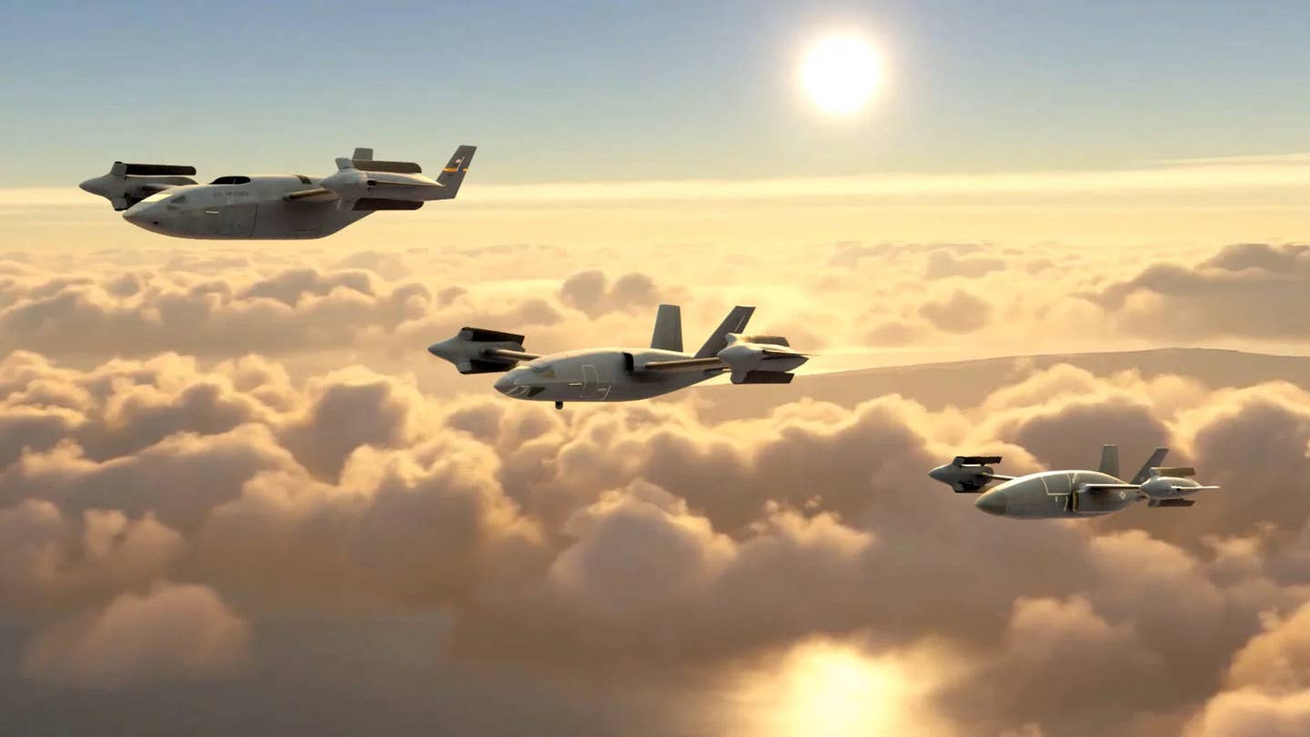 A rendering showing a trio of Bell crewed and uncrewed HSVTOL concept designs. <em>Bell</em>