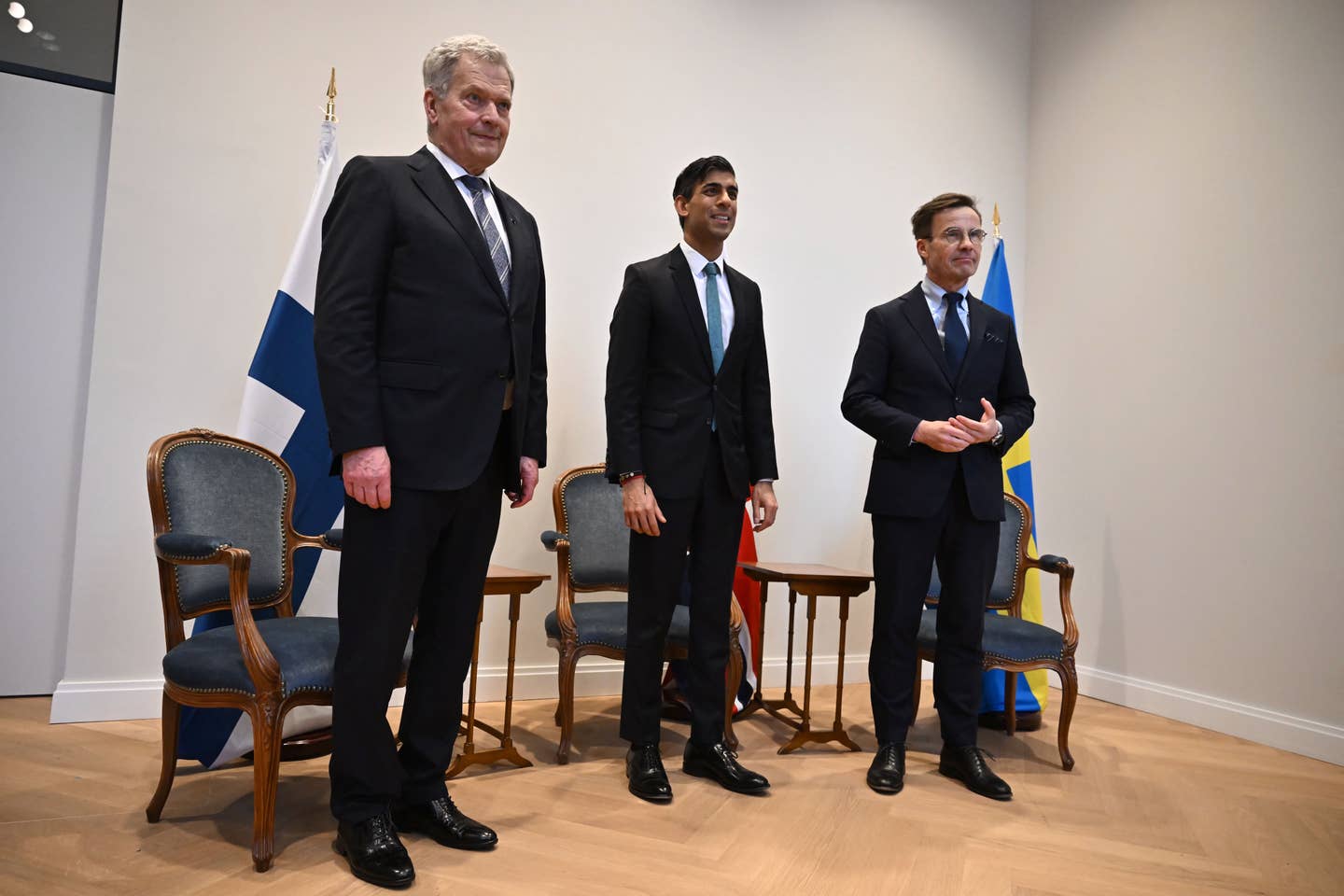 Finnish President Sauli Niinisto, British Prime Minister Rishi Sunak, and Swedish Prime Minister Ulf Kristersson during their trilateral meeting on the sidelines of the Munich Security Conference in Munich, Germany, on February 18, 2023. <em>Photo by Ben Stansall — Pool/Getty Images</em>