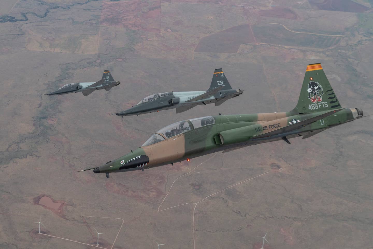 Instructor pilots assigned to the Euro-NATO Joint Jet Pilot Training Program operate U.S. Air Force T-38C Talon aircraft above Wichita Falls, Texas, July 21, 2022.  (U.S Air Force photo by Staff Sgt. Joseph Pick)